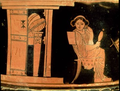 Attische rode figuur pyxis die een bruid afbeeldt, 5e eeuw v.Chr. (aardewerk) door Greek